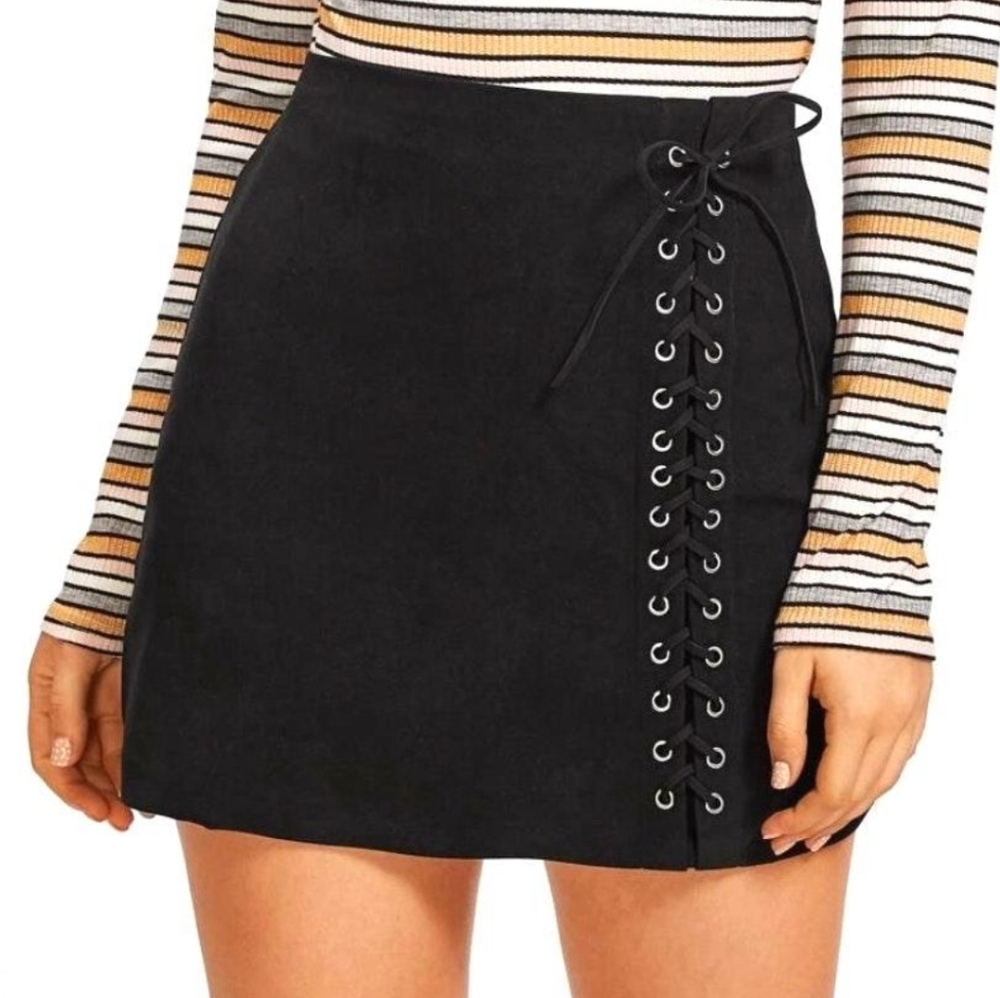 Black Lace Up Mini Skirt